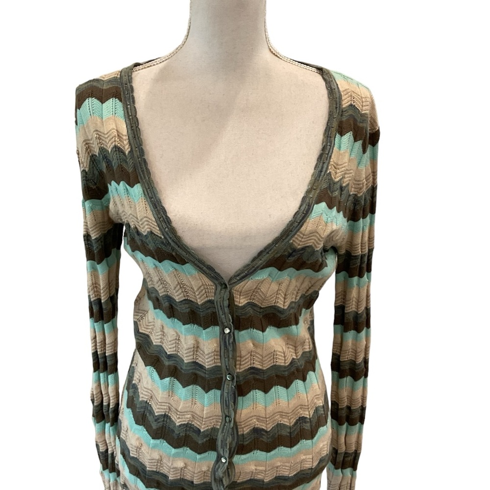 Cotton by Autumn Cashmere Women's Sweater Brown Aqua V-Neck Front Button Medium